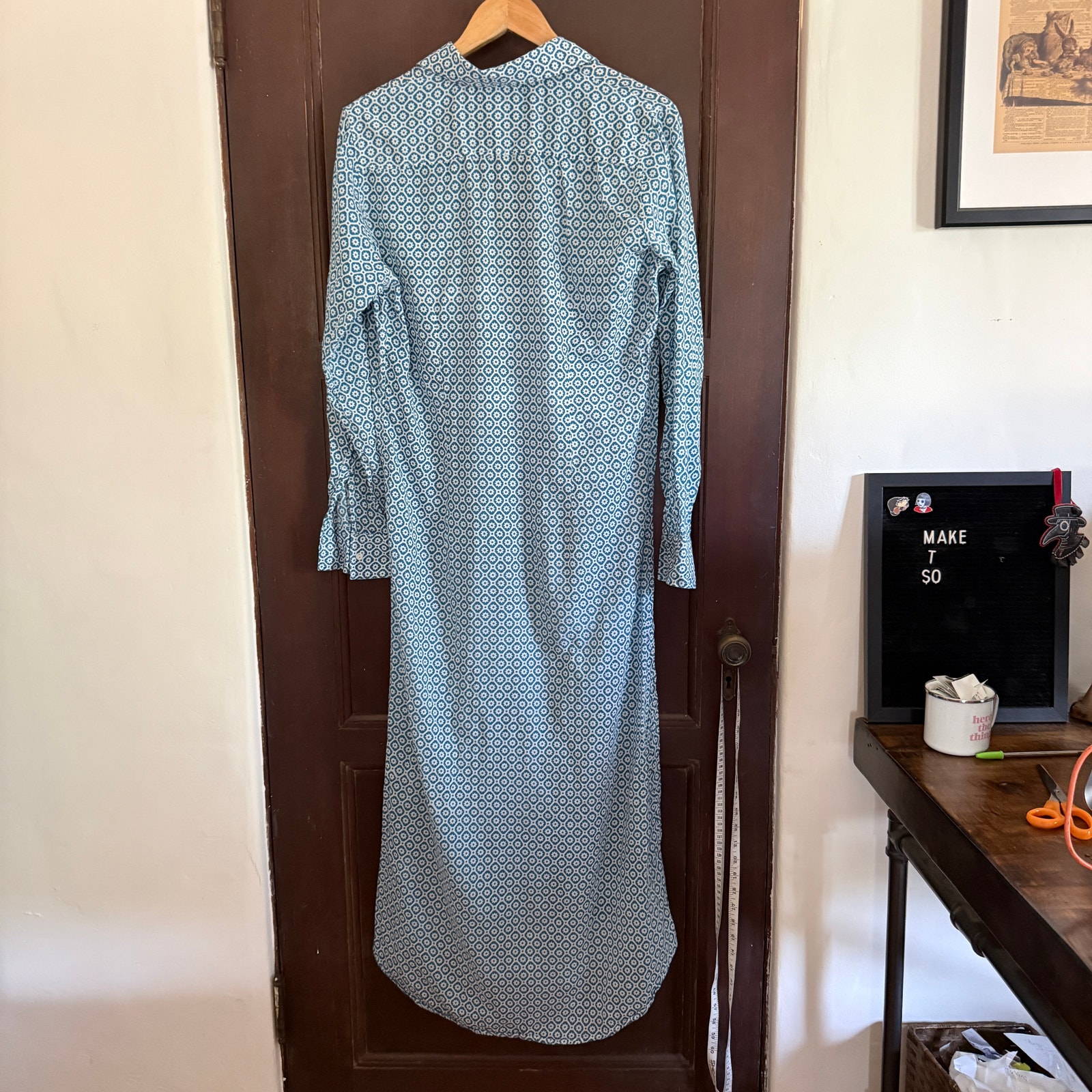 Pax Philomena | Teal Blue And White Cartouche Print Maxi Shirt Dress | Large — image 2 of 8